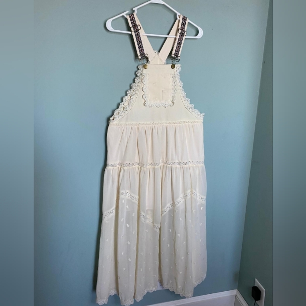 Cream Denim Jumper Overall Maxi Dress Prairie Cottagecore Romantic Lace Sz Small